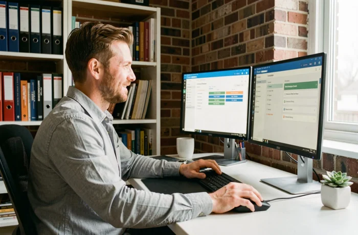Homme en télétravail gérant ses compétences professionnelles sur un portail en ligne depuis son bureau à domicile