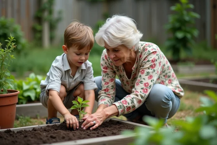 Grand-mère et petit-fils plantant ensemble des semis dans un potager, activité éducative en plein air soutenant l'éveil et la curiosité de l'enfant