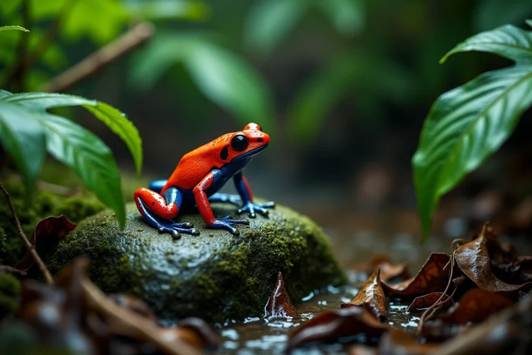 Grenouille dendrobate rouge et bleue sur une pierre moussue dans une forêt tropicale humide