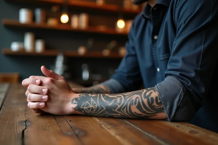 Gros plan sur des tatouages détaillés en encre noire sur les avant-bras d'un homme dans un café