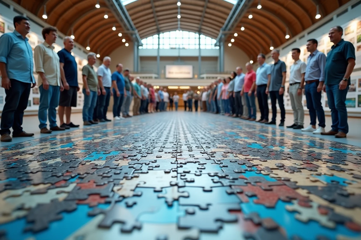 Groupe d adultes souriants devant un puzzle terminé dans une salle d exposition