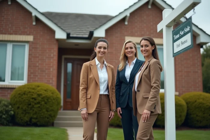 Groupe de professionnels de l'immobilier devant une maison résidentielle à vendre