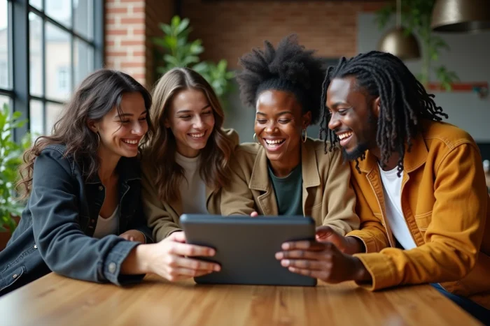 Groupe de jeunes adultes dans un café moderne riant autour d'une tablette