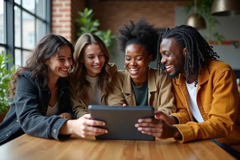 Groupe de jeunes adultes dans un café moderne riant autour d'une tablette