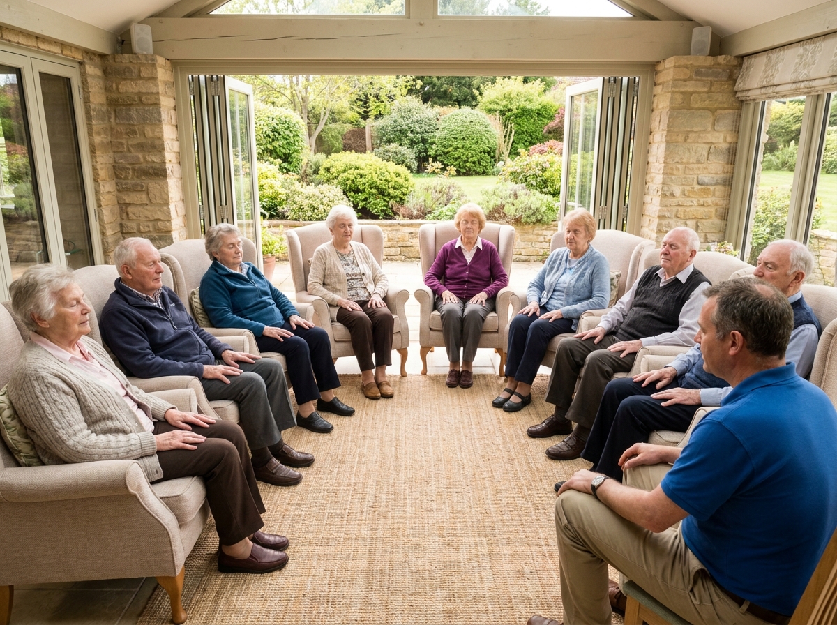 Groupe de seniors en séance de méditation en jardin