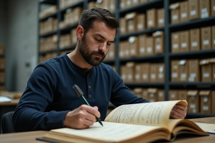 Homme consultant un registre paroissial ancien dans une salle d'archives publiques pour des recherches généalogiques
