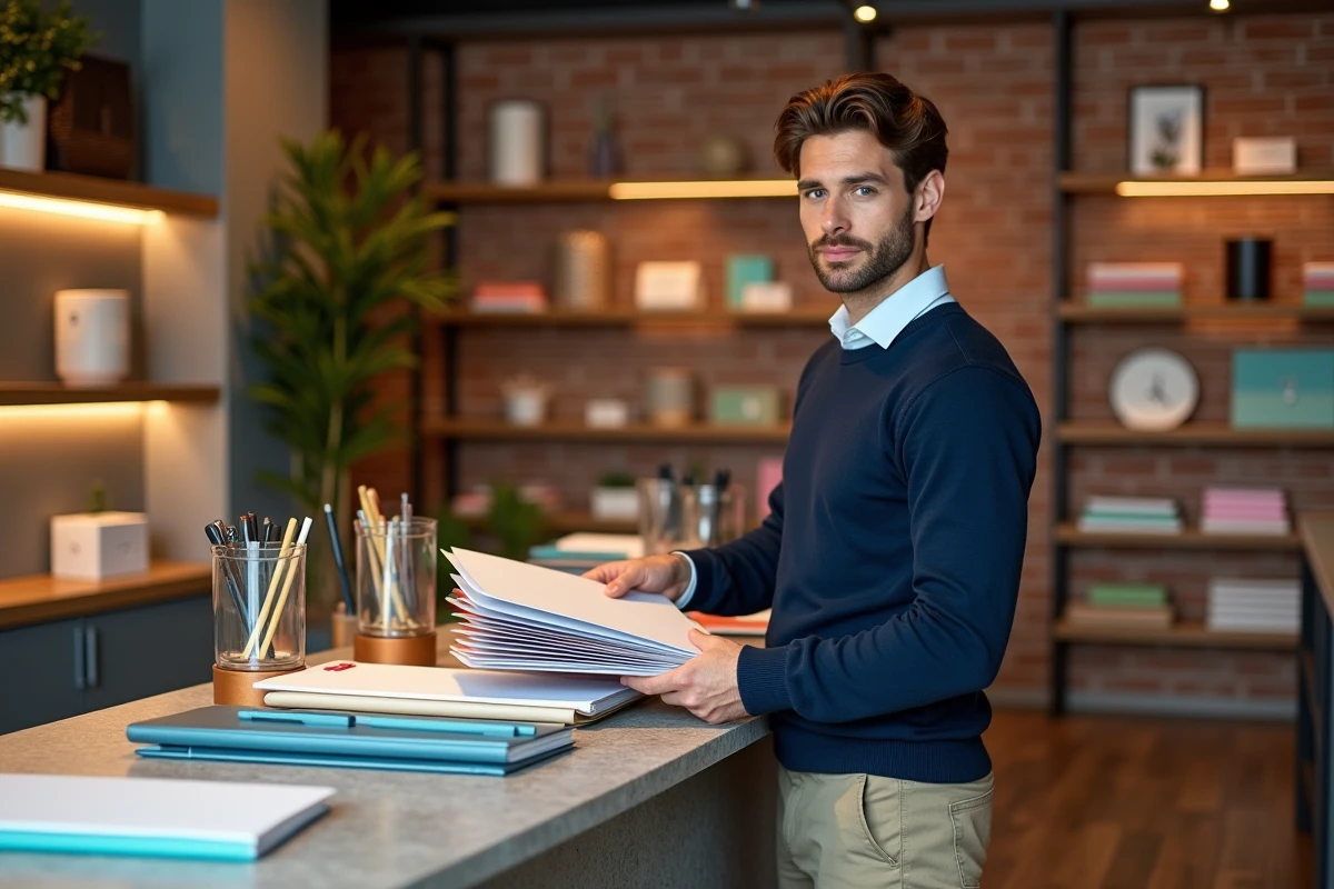 Jeune homme découvrant des fichiers dans une boutique moderne