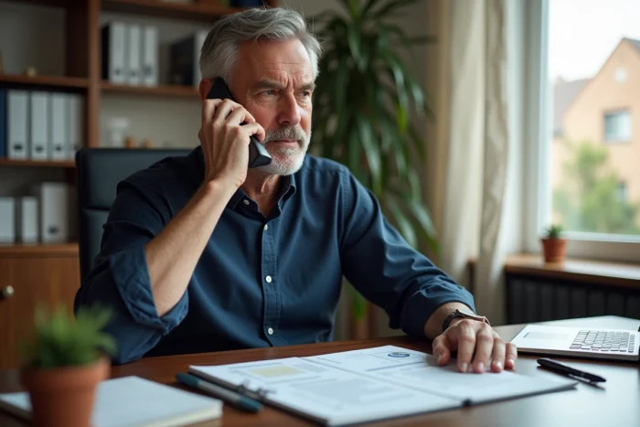 Homme consultant son contrat d'assurance FoyerLumina au téléphone dans un bureau à domicile