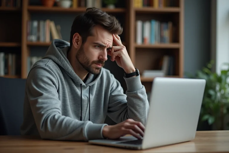 Homme frustré devant un écran d'ordinateur affichant une page d'erreur de site inaccessible
