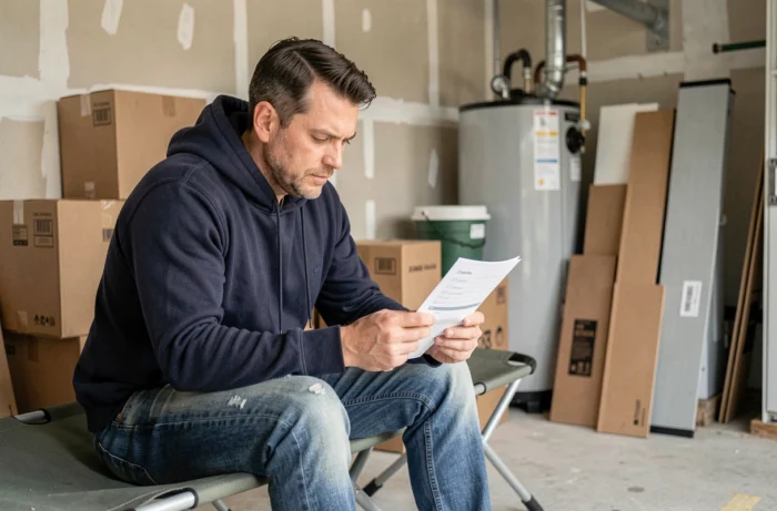 Homme assis sur un lit de camp dans un garage en cours d'aménagement, consultant une liste de vérifications pour une installation légale