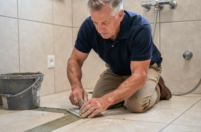 Homme en train de jointoyer des carreaux de salle de bain lors de travaux de rénovation intérieure