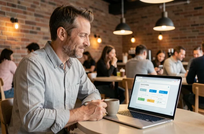 Homme consultant un plan de navigation de site web sur un ordinateur portable dans un café moderne
