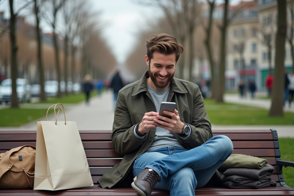 Homme détendu dans un parc urbain avec smartphone et sacs