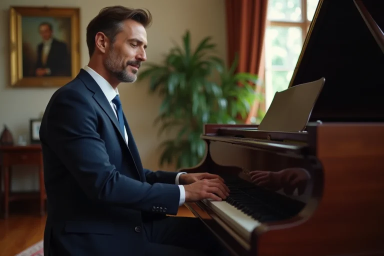 Homme en costume jouant du piano dans un salon élégant