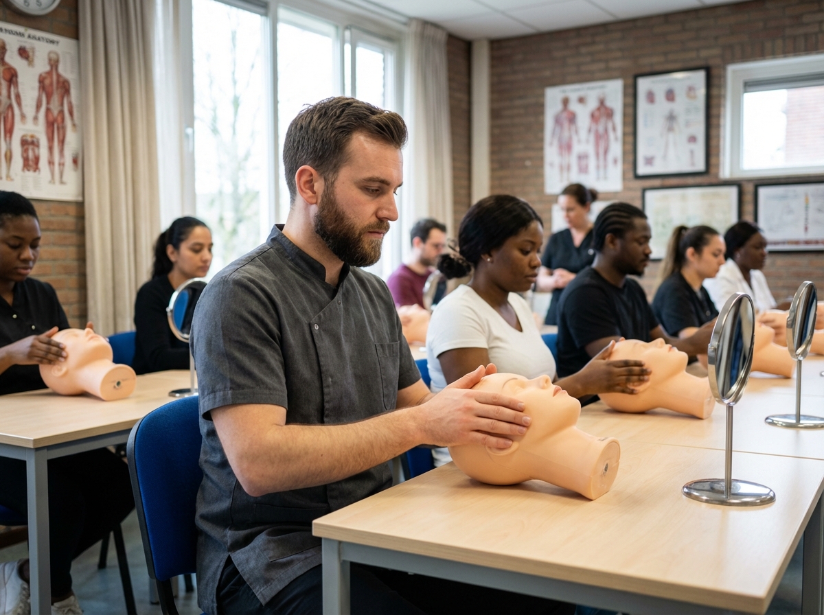 Jeune homme pratiquant un massage facial en centre de formation