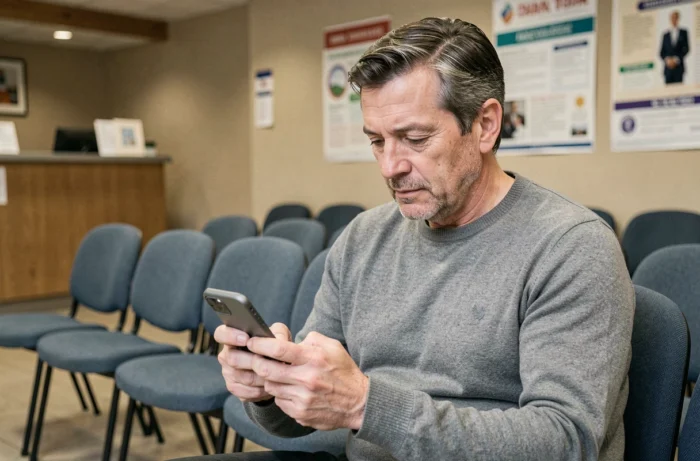 Homme utilisant son smartphone pour contacter un conseiller ANTS dans une salle d'attente administrative