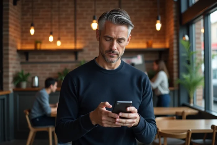 Homme tenant un smartphone pliable de dernière génération dans un café urbain contemporain, tendances tech 2024