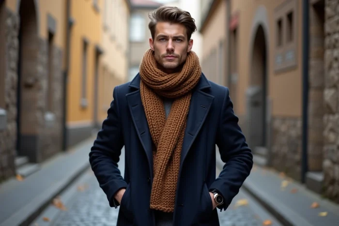 Homme tendance en manteau marine et écharpe en maille portant une montre minimaliste dans une rue pavée européenne en automne