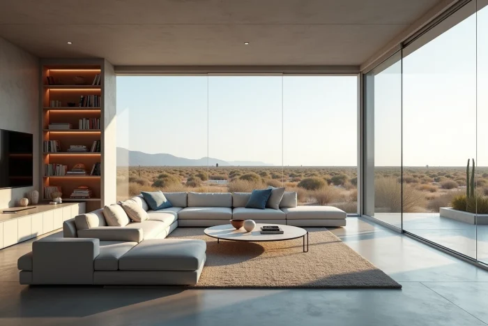 Intérieur épuré et high-tech d'une résidence privée de luxe avec vue panoramique sur paysage naturel