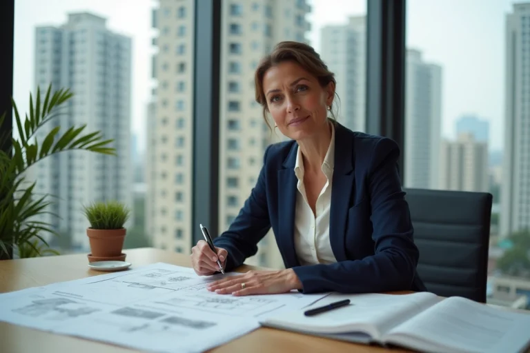 Femme agent immobilier analysant des documents d'investissement dans un bureau moderne avec vue sur la ville