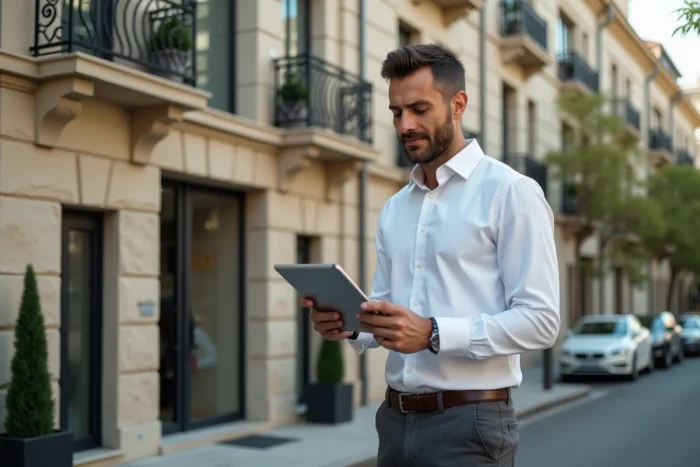 Investisseur immobilier devant un immeuble résidentiel rénové consultant des données de rendement sur tablette