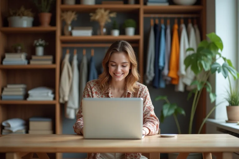 Jeune femme souriante avec ordinateur dans un appartement moderne