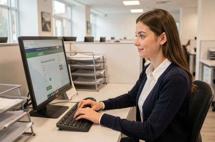 Jeune femme réalisant ses démarches administratives sur le site ANTS depuis un guichet de service public