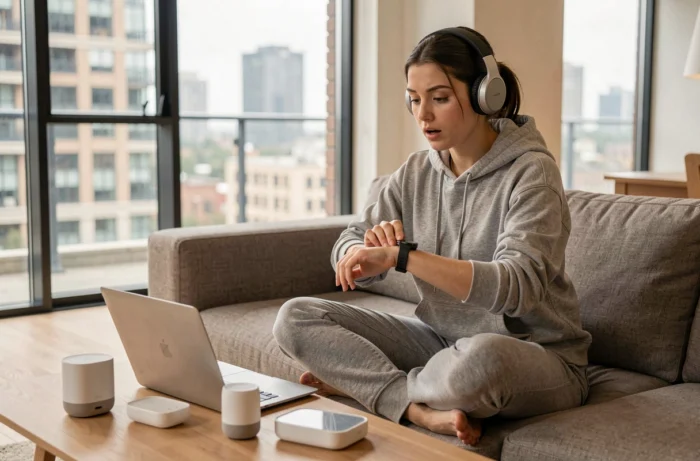 Jeune femme testant une montre connectée entourée de gadgets high-tech dans un appartement urbain moderne