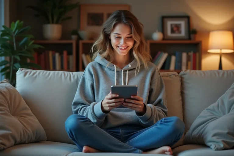Jeune femme en hoodie regardant un film dans un salon chaleureux