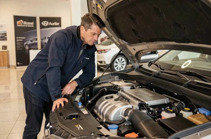 Journaliste automobile examinant le moteur d'un SUV hybride dans une salle d'exposition moderne