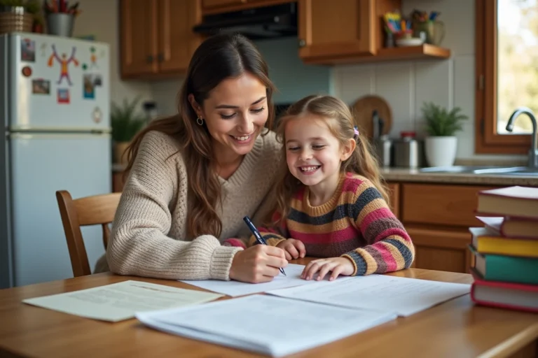 Maman remplissant formulaires scolaires avec sa fille
