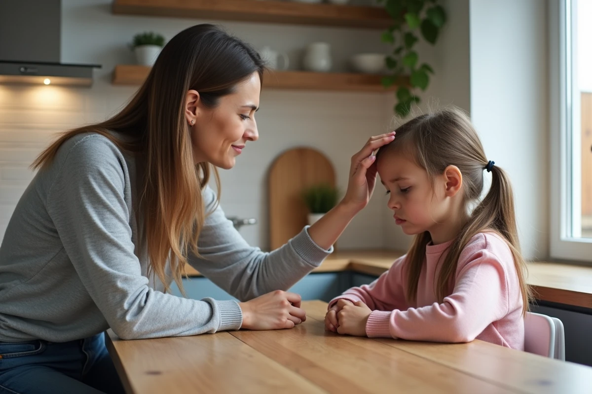 Maman vérifiant la fièvre de sa fille à la table de cuisine