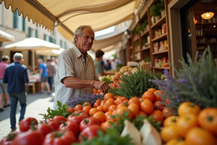 Homme faisant ses courses au marché provençal en plein air, entre étals de légumes frais et produits locaux typiques du sud
