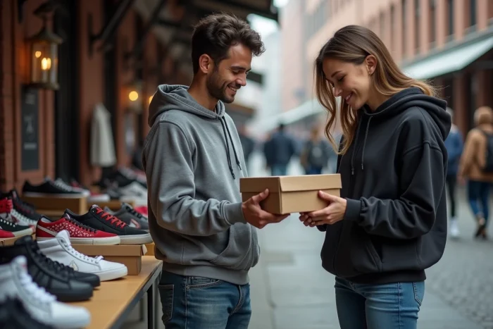 Transaction de revente de sneakers entre deux personnes sur un marché urbain en plein air