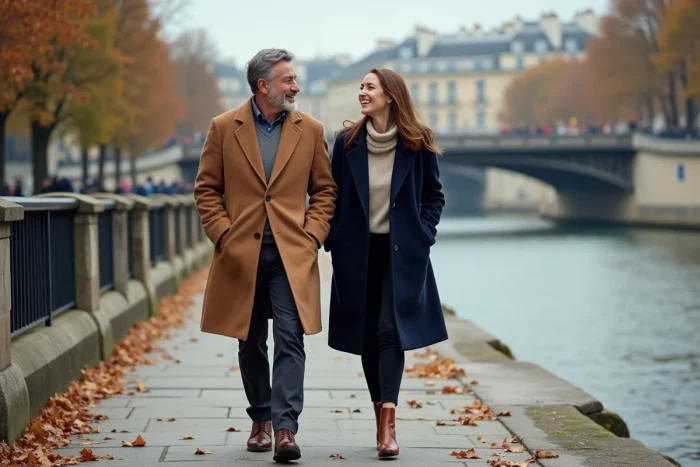 Couple se promenant le long de la Seine à Paris en automne, illustrant la vie personnelle discrète de Margot Haddad et son époux