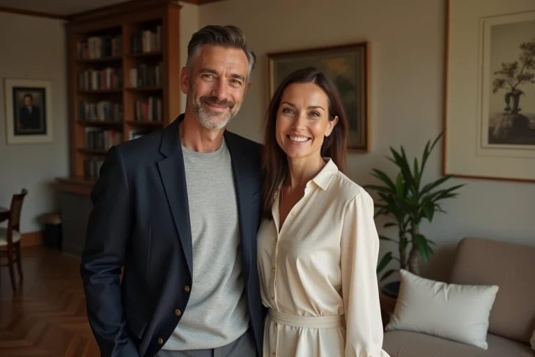 Couple élégant dans un appartement parisien, illustrant la vie privée et conjugale de Margot Haddad et son mari