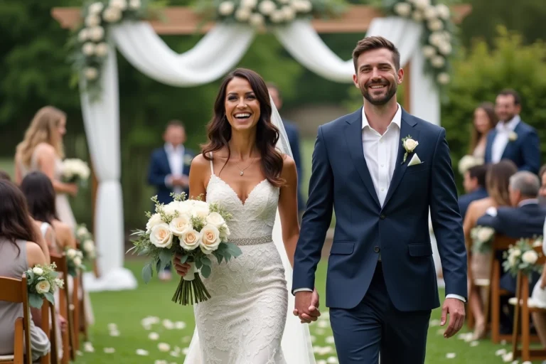Couple de mariés dans un jardin lors d'un mariage