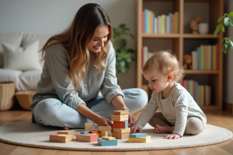Mère et enfant en bas âge jouant avec des cubes en bois colorés sur le sol d'un salon cosy, favorisant le développement moteur et cognitif
