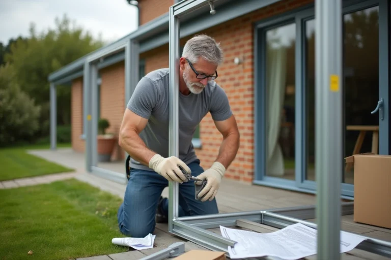 Homme en train de monter une véranda en kit dans son jardin avec des profils en aluminium et des outils