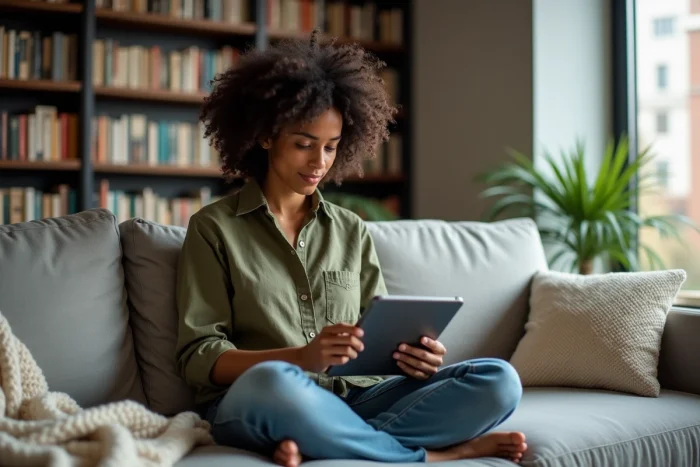 Femme parcourant les ressources d'un site internet sur une tablette confortablement installée dans un salon moderne