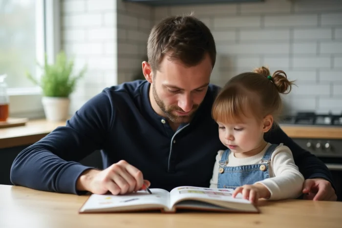 Père lisant un livre illustré à sa fille de 4 ans autour d'une table de cuisine en bois clair, moment de partage favorisant le développement du langage