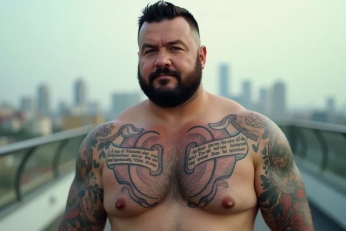 Portrait éditorial d'un homme aux tatouages religieux et symboliques sur le torse et les épaules sur un rooftop urbain