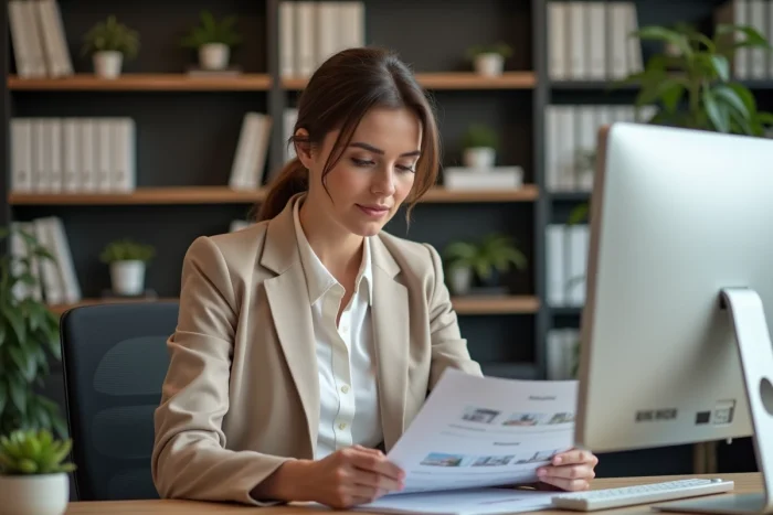 Professionnelle de l'immobilier analysant des annonces de biens dans un bureau soigné