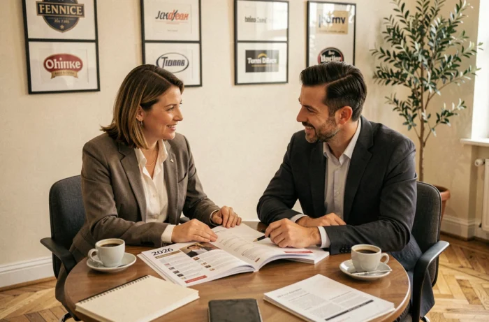 Deux professionnels français consultant ensemble un répertoire de marques 2026 dans un cabinet de conseil