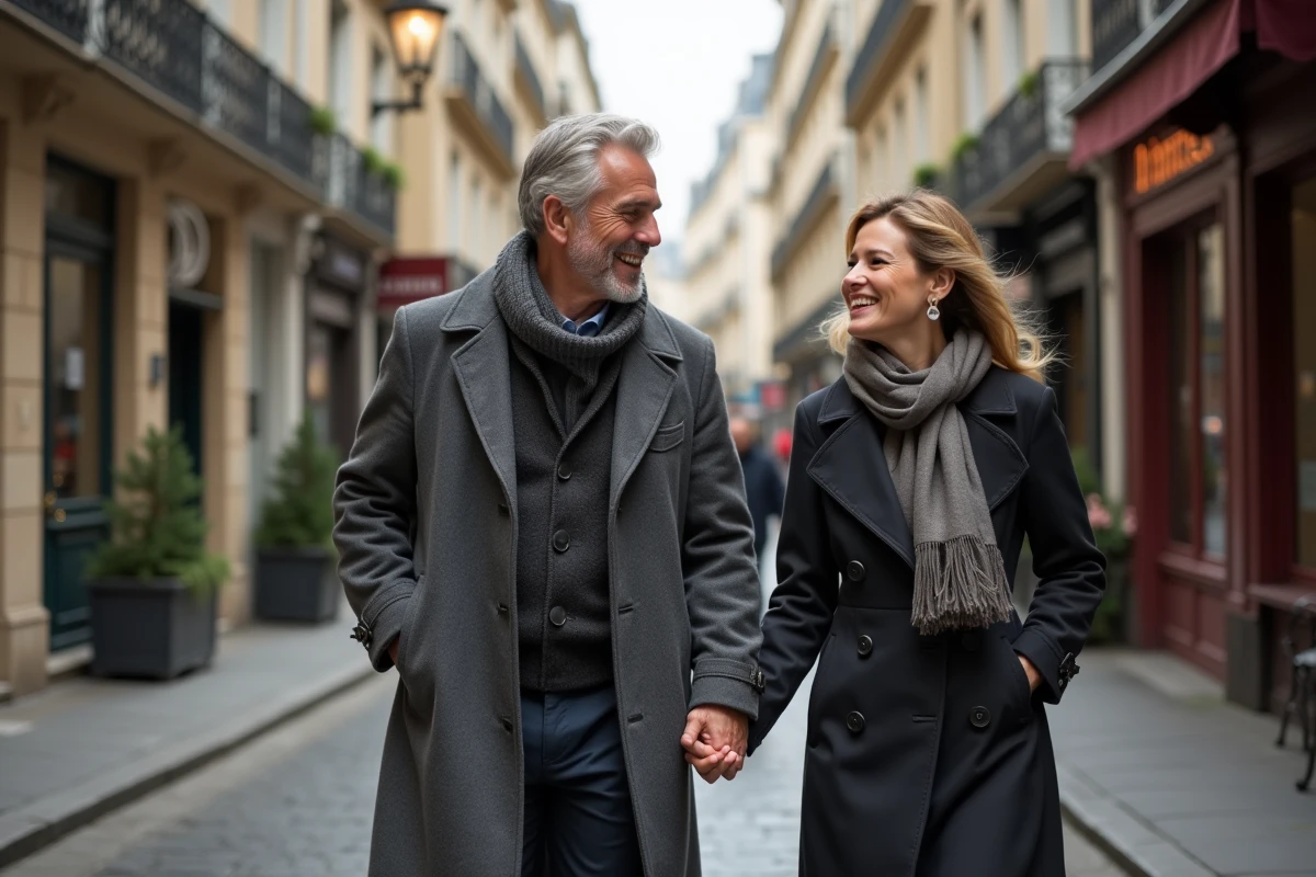 Couple marchant dans une rue parisienne en journée