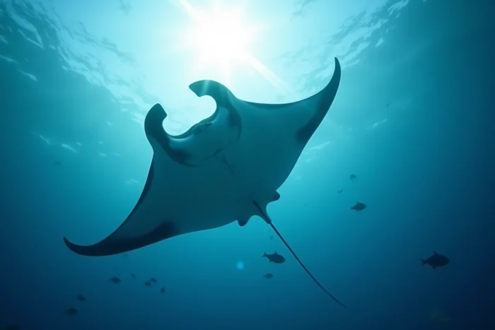 Raie manta géante vue de dessous nageant dans les eaux claires de l'océan tropical