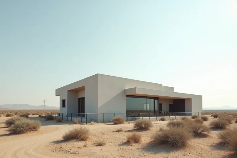 Résidence de luxe minimaliste dans un paysage désertique du Texas, style architectural moderne avec façades en béton et baies vitrées