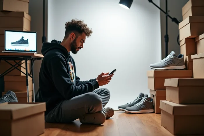 Revendeur de sneakers photographiant ses articles dans un studio de revente à domicile pour une plateforme de resell