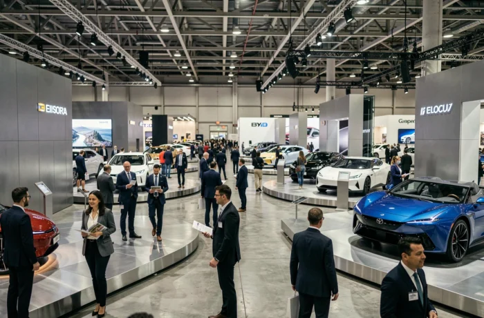 Hall d'un salon automobile international avec voitures concept sur podiums et visiteurs en exploration