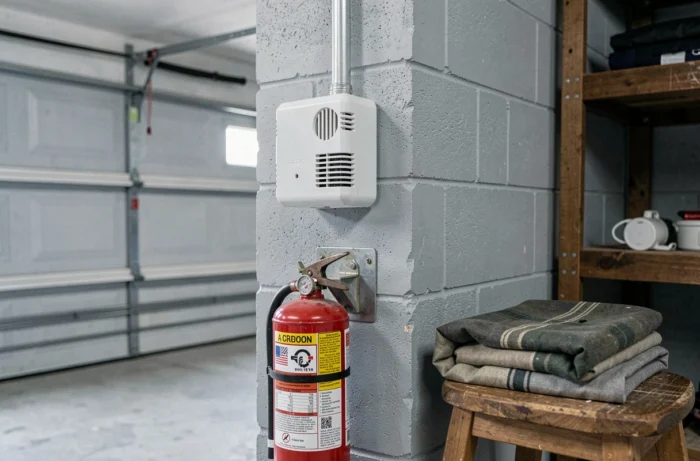 Détail d'un coin de garage avec détecteur de monoxyde de carbone, extincteur et couverture de sécurité, équipements essentiels pour dormir en sécurité
